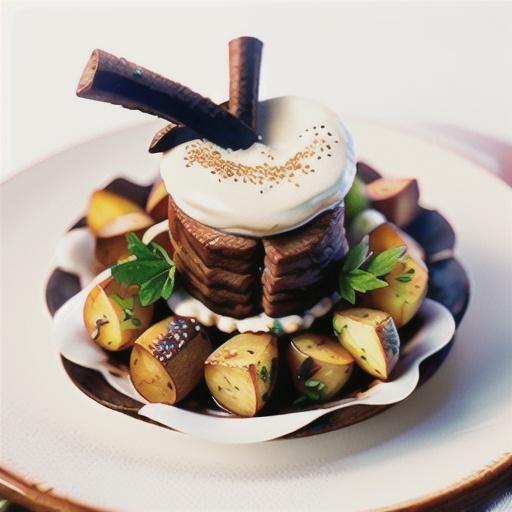 Beef fillet with spicy potatoes and horseradish and herb cream