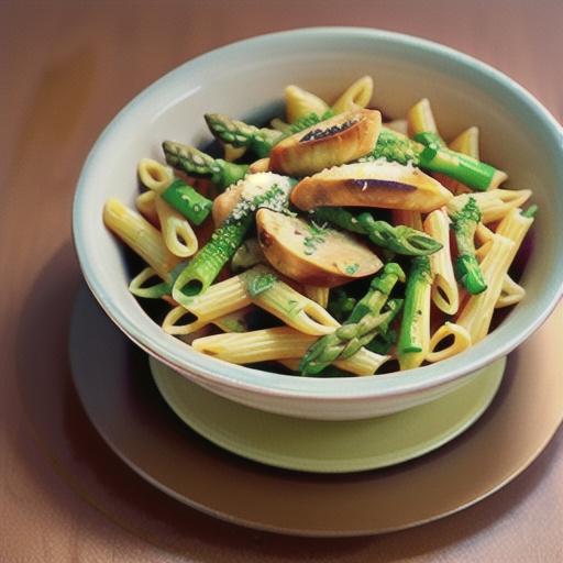 Warm penne pasta salad with chicken, asparagus and pesto rosso