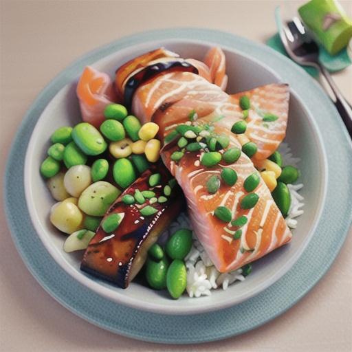 Salmon with ponzu sauce, edamame, rice and chia