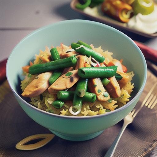 Chicken and green bean pulao with chilli yoghurt