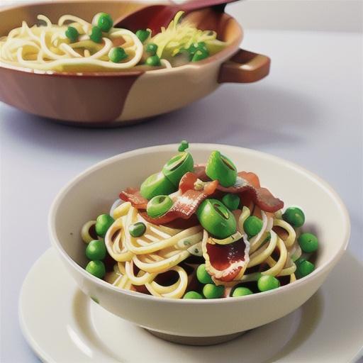 Cheesy spaghetti with bacon and peas
