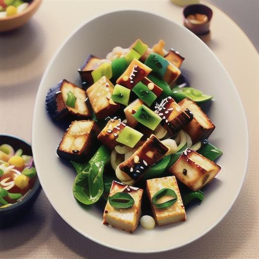 Teriyaki tofu with warm udon and seaweed salad