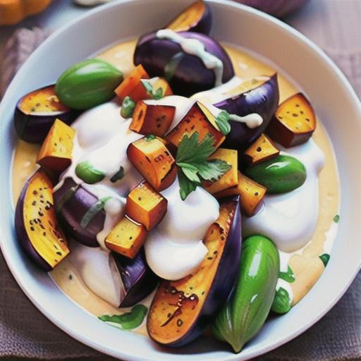 Roasted Eggplant and Butternut Squash with Tahini-Yogurt Sauce