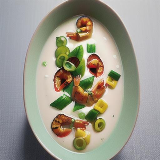 Chilled corn soup with drunken tequila prawns