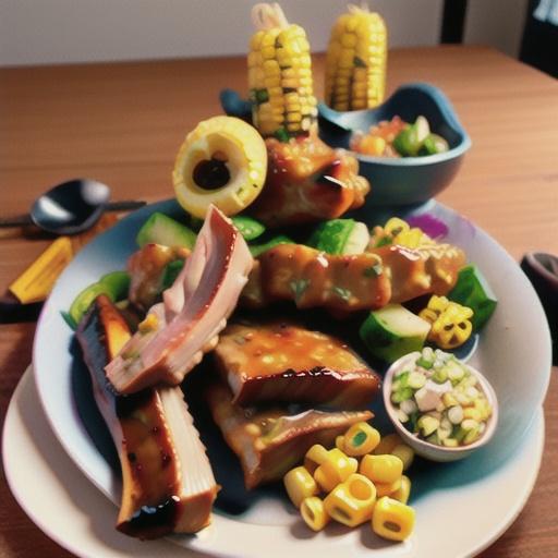 Ginger beer pork ribs with corn and avocado salad