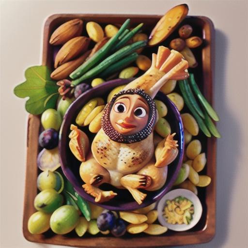 Roast chicken with grapes, garlic, almonds and fried potatoes