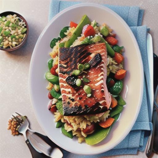 Blackened salmon on dirty rice salad