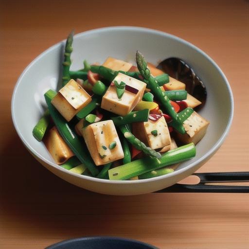Ginger tofu stir-fry with asparagus and snow peas