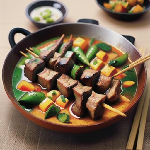 Red curry lamb skewers with noodles