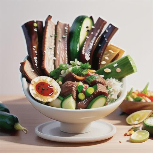 Spicy beef bowl with pickled cucumber