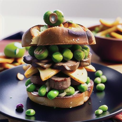 Open steak sandwich with mushrooms & peas
