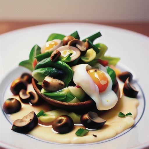 Poached eggs with wilted bok choy & garlic mushrooms