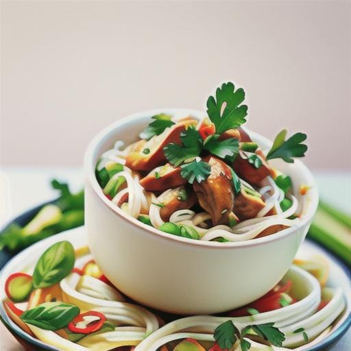 Coriander and Thai basil chicken with rice noodles