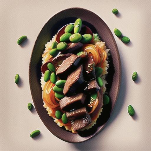Sweet sticky beef with edamame