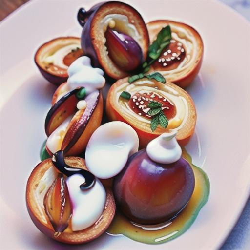Roast plum, goat's curd and honey bruschetta