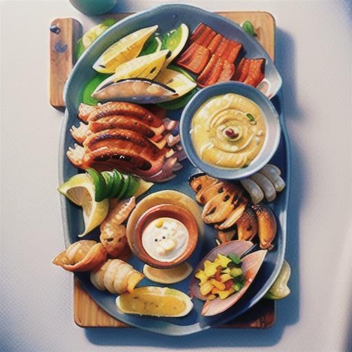 Barbecued seafood platter with smoked paprika and lime aioli