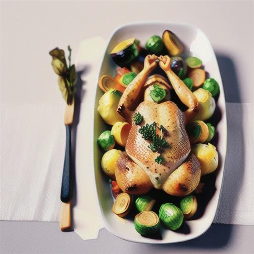 Quick roast chicken with thyme, honey and Brussels sprouts