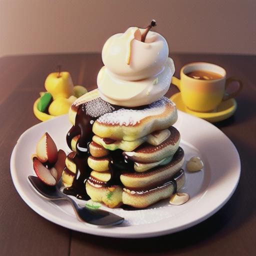 Coffee hotcakes with poached pear