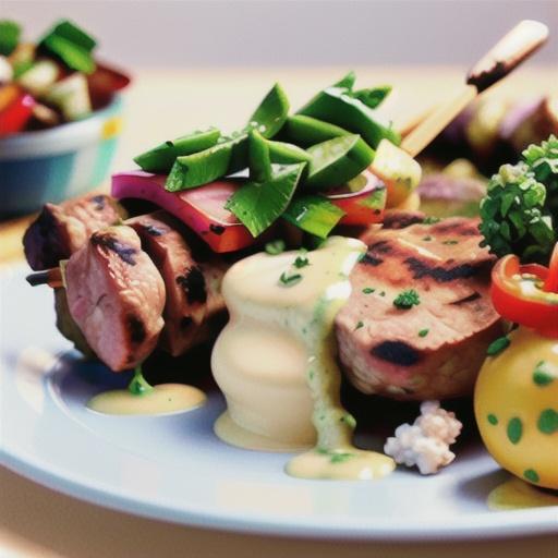 Lamb kebabs with cauliflower mash and parsley sauce