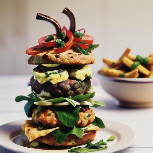 Lamb burgers with rocket, roast capsicum and green olive relish