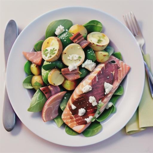 Pancetta salmon with potato and feta salad