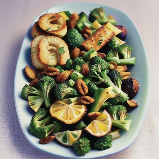 Roast broccolini and lemon chicken salad with rye croutons