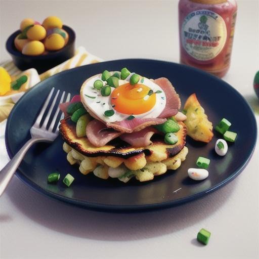 Bacon Potato Cakes with Ham Steak, Egg, and Sliced Avocado