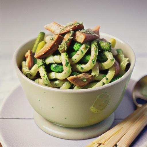 Fusilli with smoked chicken, asparagus and pesto