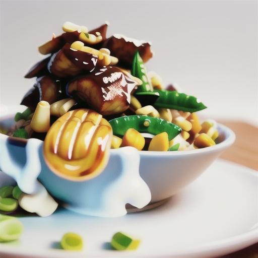 Sticky pork with baby corn and sugar snap peas