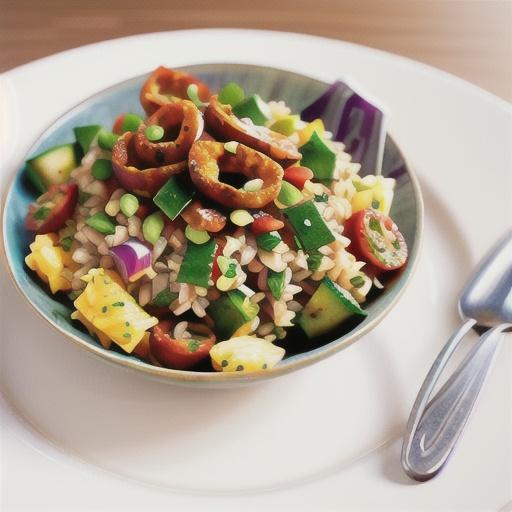 Curried brown rice and lentil salad with chorizo
