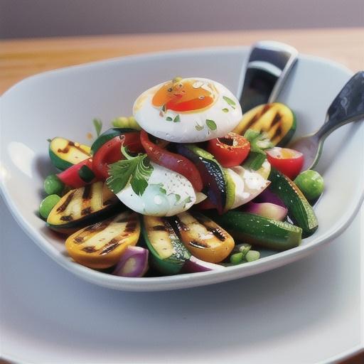 Char-grilled vegetable salad with poached eggs