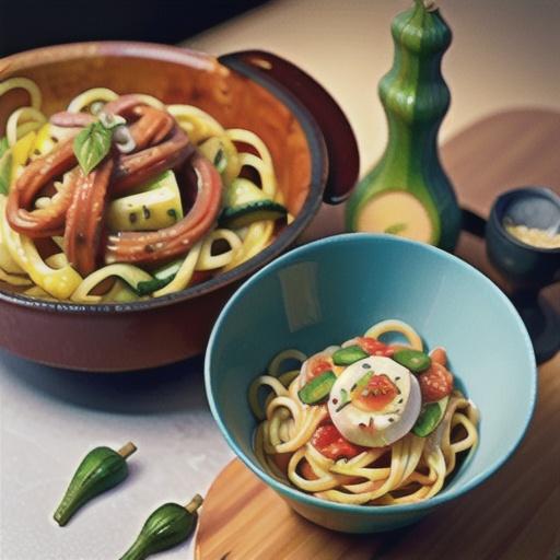 Spaghetti carbonara with zucchini and yellow squash