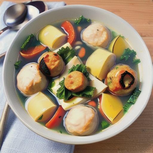 Chicken meatball, kale and lemon noodle soup