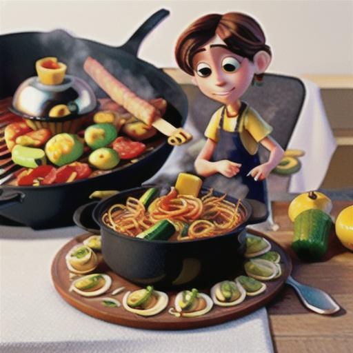 Barbecued spaghetti carbonara with zucchini and yellow squash