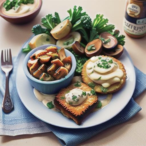Chicken, herb and Parmesan schnitzel with mushroom & garlic sauce