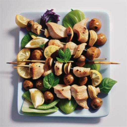 Lemon and garlic chicken skewers with lentil salad