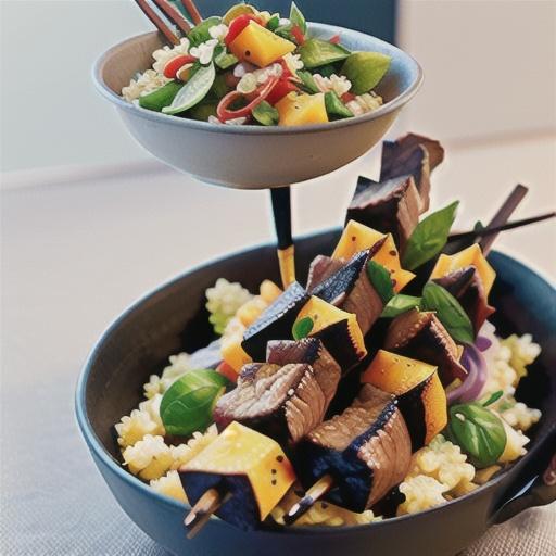Sweet mango beef skewers with couscous