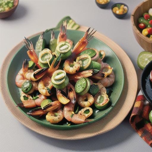 Barbecued prawns with corn, bacon, blistered jalapeno, and avocado puree