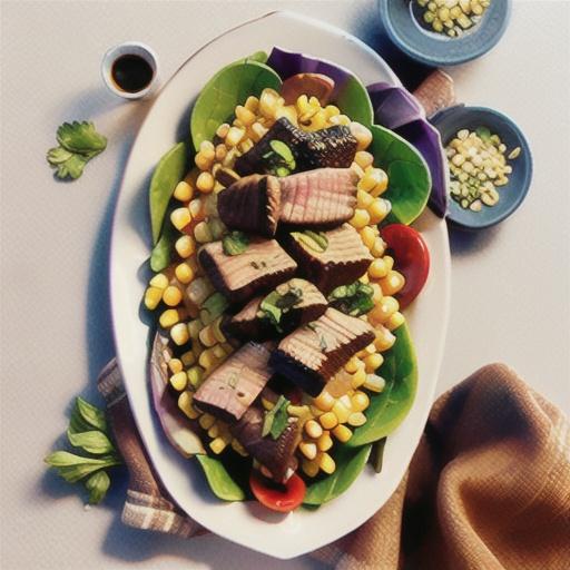 Jerk beef with warm corn and bean salad