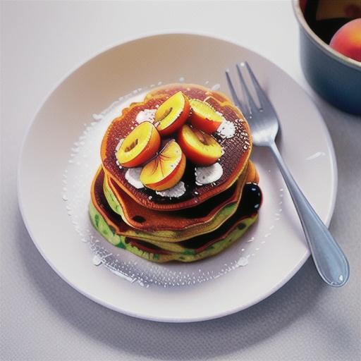 Wholemeal pancakes with peaches and maple syrup
