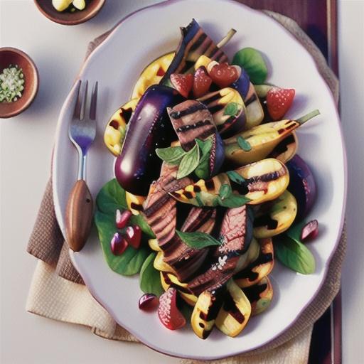 Grilled beef scotch fillet with smoky eggplant and pomegranate salad