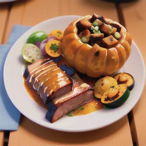 Roast pork belly adobo and kent pumpkin