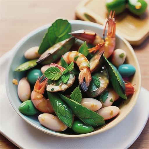 Prawns with cannellini beans, mint oil and pine nuts