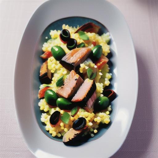 Mixed herb couscous with feta and salmon