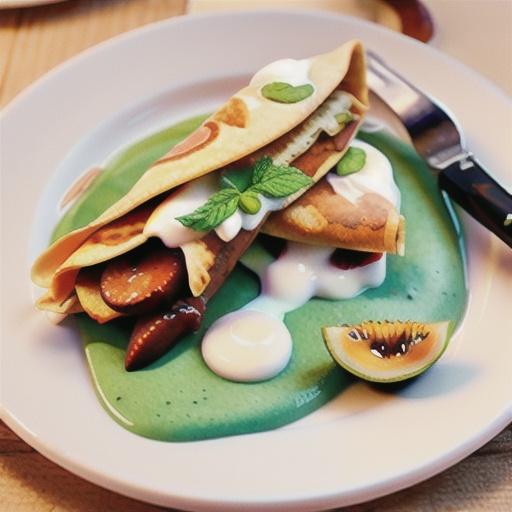 Wholemeal crepes with passionfruit and mint yoghurt