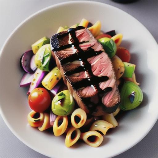 Balsamic steak with tomato pasta salad