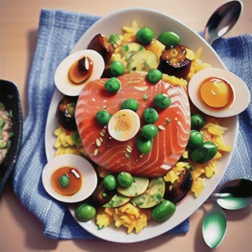 Kedgeree-style poached salmon salad with peas and toasted pepitas