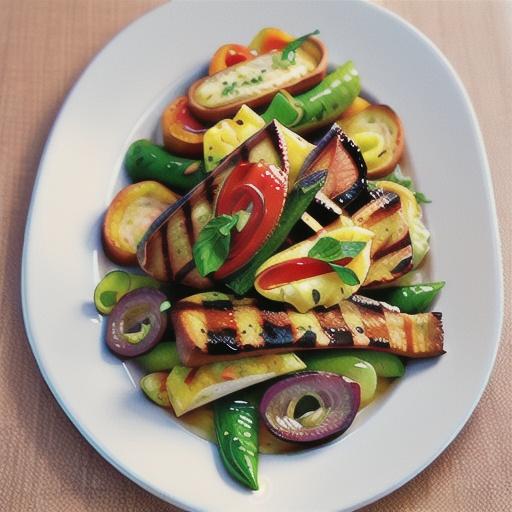 Grilled steak with ratatouille and garlic toasts