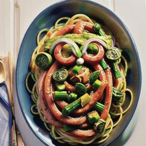 Spaghetti with asparagus and spinach pesto