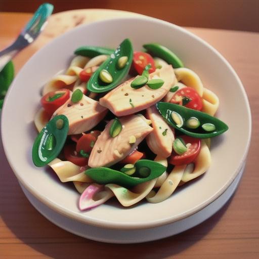 Chicken and tomato pasta with snow peas